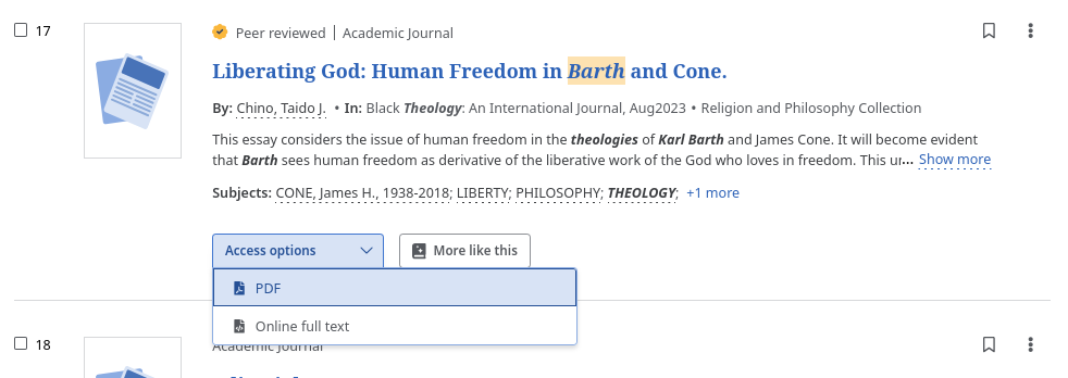 a JKM EBSCO advanced search result screen with multiple access options