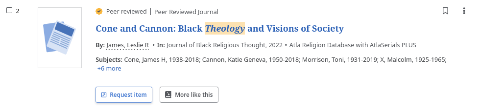 a JKM EBSCO advanced search result screen with the Request Item link