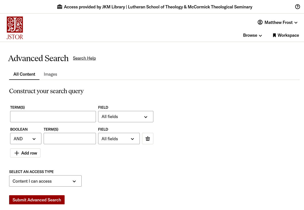 The JSTOR "Advanced Search" form, which allows you to specify multiple intersecting search terms