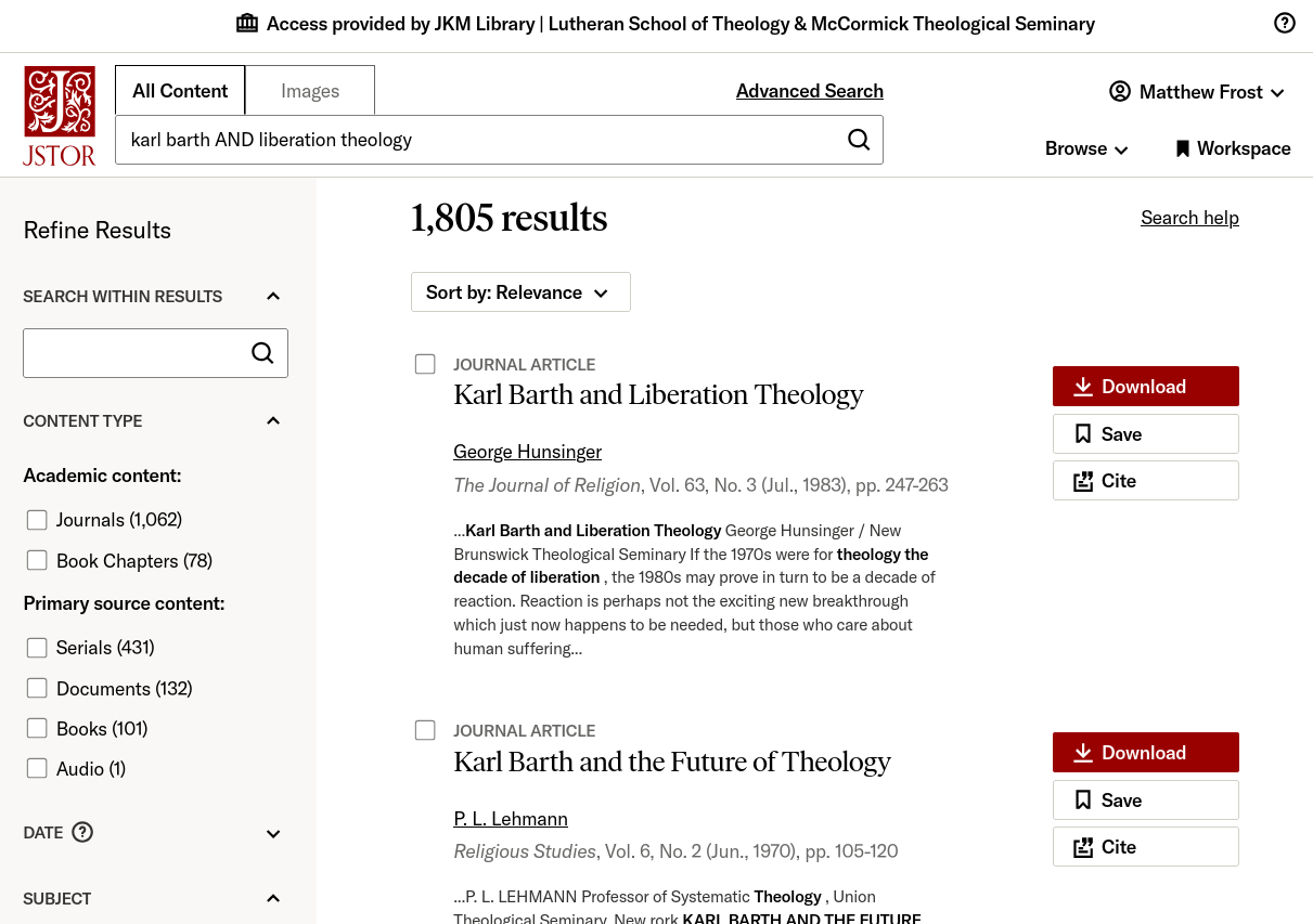 An example JKM JSTOR search