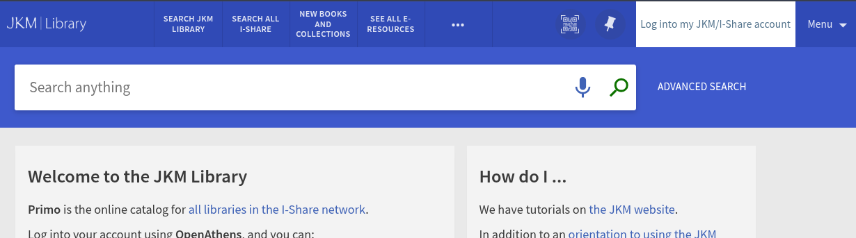 JKM Library Primo catalog site with the button for your library account highlighted