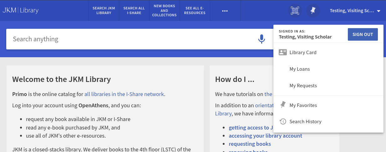 The JKM Library Primo catalog with a user logged in