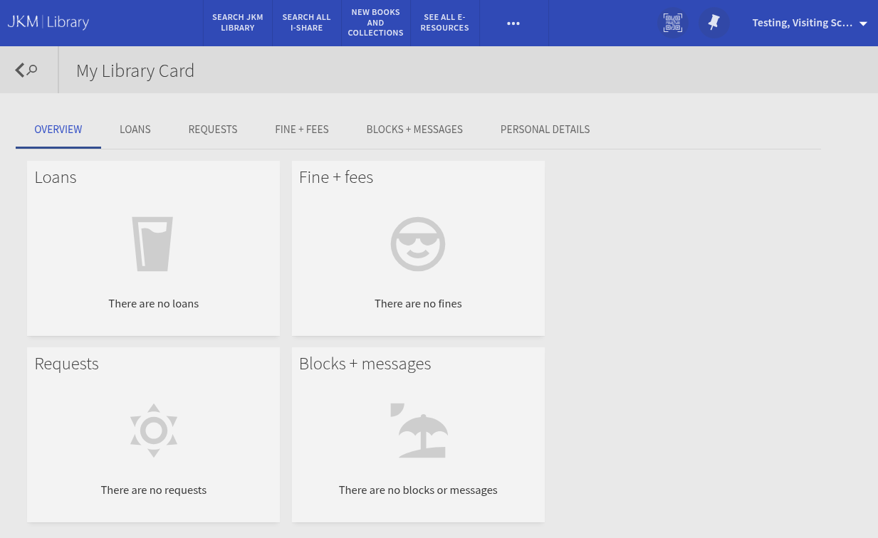 The JKM Library Primo catalog "library card" page
