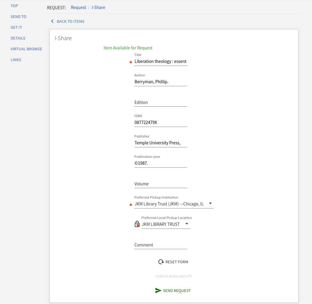 The "I-Share" request form in Primo for an item that is held at multiple libraries