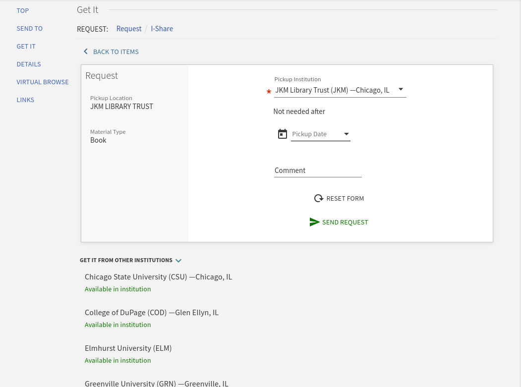 The "Request" form in Primo for an item JKM has on our shelves