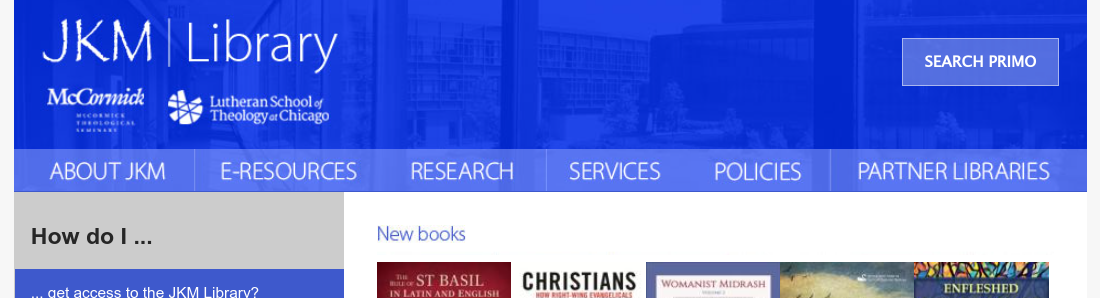 The top of the JKM Library website, with the "Search Primo" link in the corner