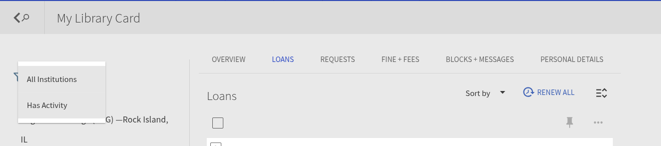 JKM Primo My Loans screen with dropdown for selecting libraries you have books from