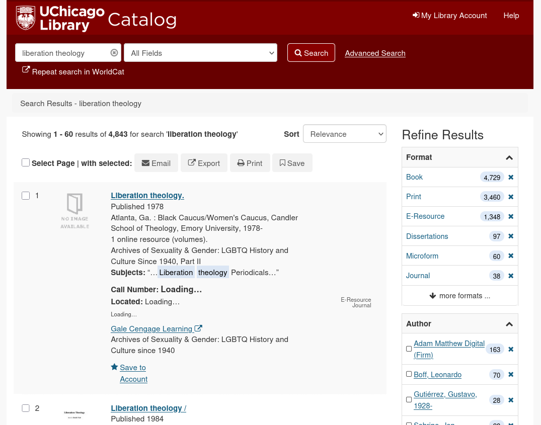 A search for "liberation theology" in the UChicago catalog